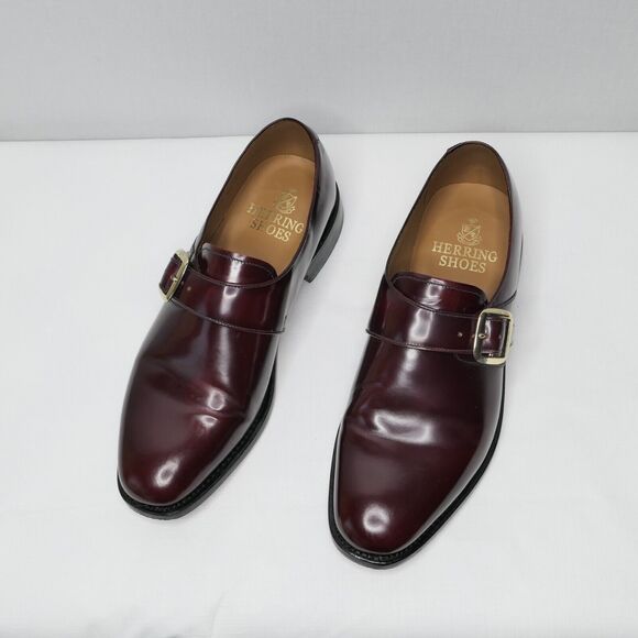 Herring Shoes UK Sz 7F US 8 Cardiff II Cherry Red Glossy Men's Strap Gold Buckle - Picture 3 of 12
